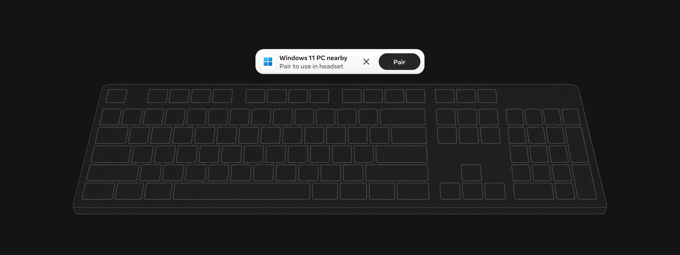 Keyboard affordance over keyboard — in-headset view